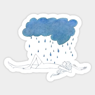 Natula In The Rain · girl laying peacefully beneath a blue storm cloud · simple drawing Sticker